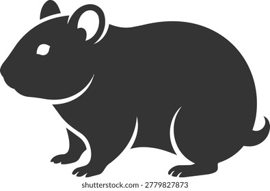 A simple black silhouette of a hamster, a small rodent known for its cheek pouches and short tail.