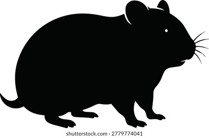 A simple black silhouette of a hamster, viewed from the side, showcasing its rounded body, small tail, and whiskers.