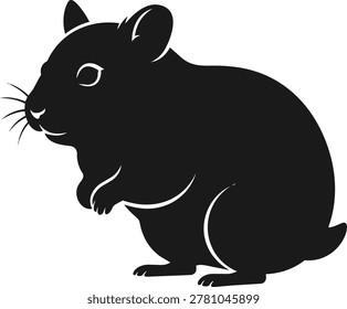 A simple black silhouette of a hamster with white highlights on its eyes and outline. The hamster is depicted standing on its hind legs.