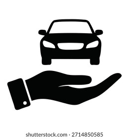 A simple black silhouette of a hand with a cuffed sleeve offering or giving a car silhouette, set against a plain white background.