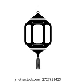 A simple black silhouette of a hanging lantern, featuring ornate panels and a decorative tassel, isolated on a white background.