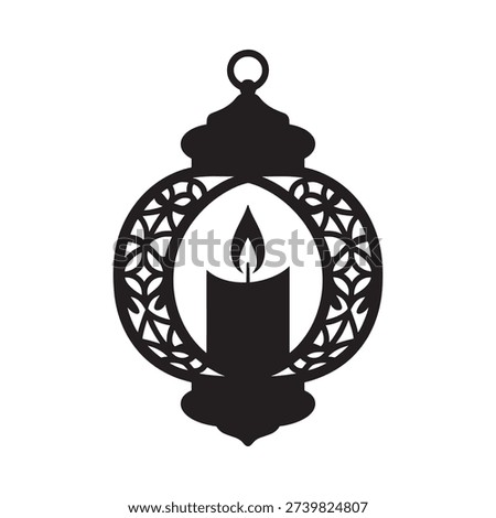 A simple black silhouette of a hanging lantern with a lit candle inside