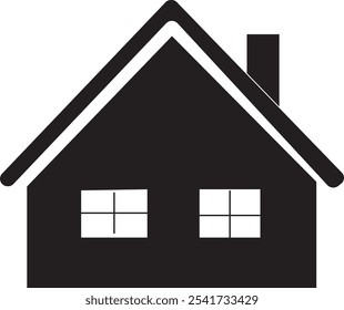 A simple black silhouette of a house with a roof, chimney, and two windows.
