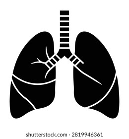 Simple black silhouette of human lungs with trachea and bronchi. Medical icon representing respiratory system anatomy for healthcare and biology use.