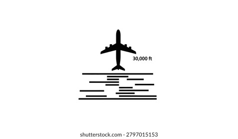 A simple black silhouette icon of an airplane flying above lines representing clouds or altitude levels with the text 10000 ft