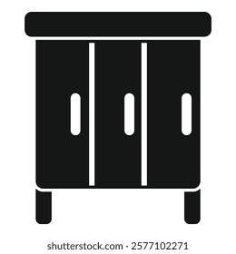 Simple black silhouette icon of a cabinet with three doors standing on legs