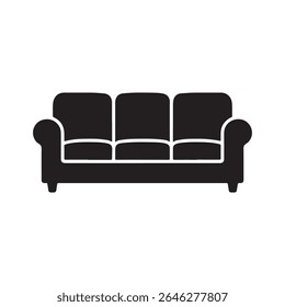 Simple black silhouette icon of a classic three seater sofa on a white background