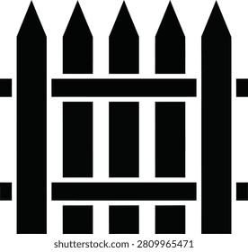 A simple black silhouette icon of a classic wooden picket fence, featuring vertical pales and horizontal rails, isolated on a white background.