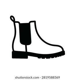 A simple black silhouette icon of a classic chelsea boot with a sturdy sole and pull tab detail