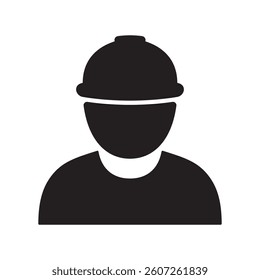 A simple black silhouette icon of a construction worker wearing a safety helmet.