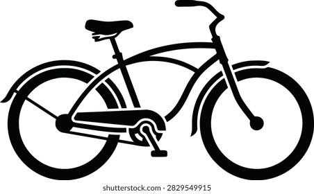 A simple black silhouette icon of a cruiser bicycle, representing cycling, transportation, and outdoor activity, isolated on white background.