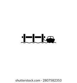A simple black silhouette icon depicting a small boat tied to a wooden dock structure on water