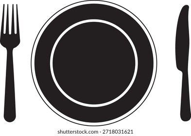 Icono de silueta negro simple de un plato de cena, tenedor y Vector de ajuste de lugar de cuchillo