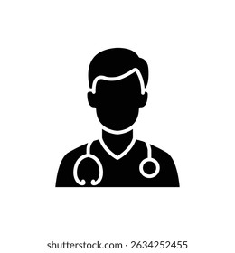 Simple black silhouette icon of a doctor with a stethoscope.