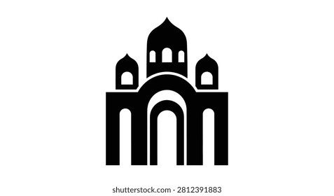 A simple black silhouette icon of an Eastern Orthodox church with three domes and arched entryways on a plain white background