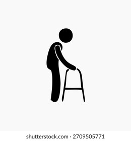 Icono de silueta negra simple de una persona mayor o paciente que usa un caminador médico estándar para asistencia de movilidad.