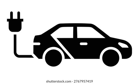 A simple black silhouette icon of an electric car with a charging plug attached, representing sustainable transportation and green energy technology.