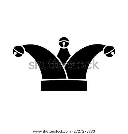 A simple black silhouette icon of a jester's hat with three points, each adorned with a bell, on a white background.