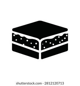 A simple black silhouette icon of a layered cake slice.
