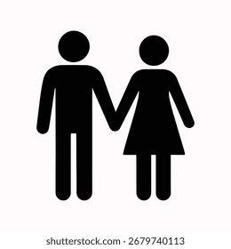 Um simples ícone de silhueta preta de um homem e uma mulher de mãos dadas, representando parceria, relacionamento ou casal.
