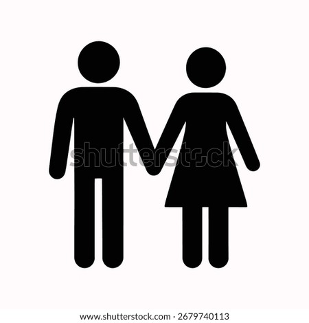 A simple, black silhouette icon of a man and woman holding hands, representing partnership, relationship, or couple.