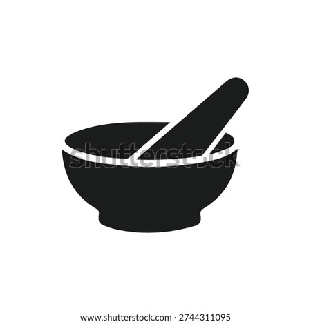A simple black silhouette icon of a mortar and pestle on a white background. Represents pharmacy, medicine, cooking, grinding, and herbal remedies.