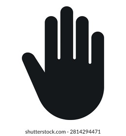 A simple black silhouette icon of an open human palm indicating a stop gesture. This minimalist symbol is perfect for signage, user interface buttons, and warnings.