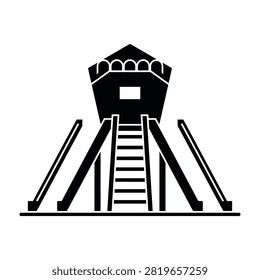A simple black silhouette icon of a playground slide tower with stairs. Perfect for park signage, outdoor activity websites, children play area maps, and recreation.