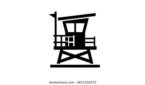 A simple black silhouette icon of a raised lifeguard tower structure on a beach, isolated on a white background, representing summer safety, ocean patrol, and coastal surveillance.