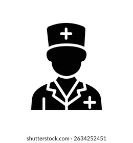 A simple black silhouette icon representing a doctor, perfect for medical websites or applications.
