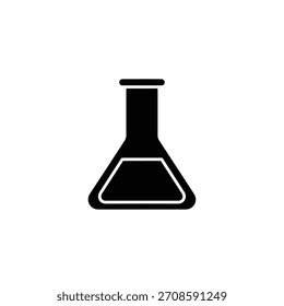Un icono de silueta simple y negra que representa un matraz Erlenmeyer de laboratorio, comúnmente utilizado para mezclar y calentar productos químicos en experimentos científicos y educación.