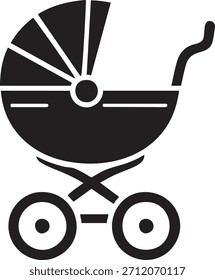 Un icono de silueta simple y negro que representa un cochecito de bebé o un cochecito de bebé. El diseño presenta una capucha curva, una sección principal del moisés y dos ruedas visibles conectadas por un marco en forma de X, todas aisladas en