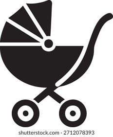 Un icono de silueta simple y negro que representa un cochecito de bebé o un cochecito de bebé. El diseño presenta una forma clásica con una capucha, asa y dos ruedas visibles, presentadas claramente aisladas sobre un fondo blanco