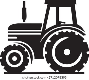 Un icono de silueta negro simple que representa un tractor agrícola, visto desde el perfil lateral. La Imagen presenta Grandes ruedas traseras y Pequeñas ruedas delanteras, una estructura de cabina y líneas claras que definen la b