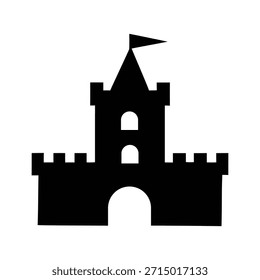 Simples ícone de silhueta preta representando uma estrutura clássica de castelo medieval com ameias, uma torre central, entrada arqueada, e uma pequena bandeira no topo da torre mais alta, perfeito para temas de fantasia.