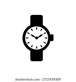 Ícone de silhueta preto simples representando um relógio de pulso analógico tradicional, com mãos de hora e minuto apontando para aproximadamente 10:10, perfeito para conceitos de gerenciamento de tempo.