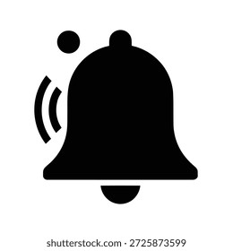 Un simple icono de silueta negra que representa una campana que suena con ondas de sonido que emanan.