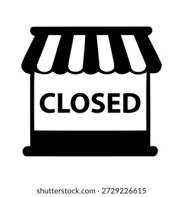 Icono de silueta negra simple que representa una tienda cerrada o un establecimiento comercial con un toldo a rayas sobre un letrero que indica claramente la palabra CERRADA en letras mayúsculas en negrita
