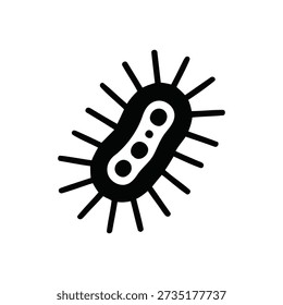 Simple black silhouette icon representing a microorganism like a bacterium or germ, featuring an elongated body with multiple radiating spiky appendages, perfect for science and health concepts.