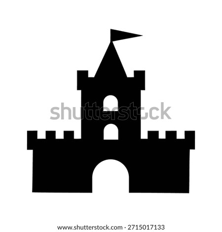 Simple black silhouette icon representing a classic medieval castle structure with crenellations, a central keep, arched entryway, and a small flag atop the highest turret, perfect for fantasy themes.