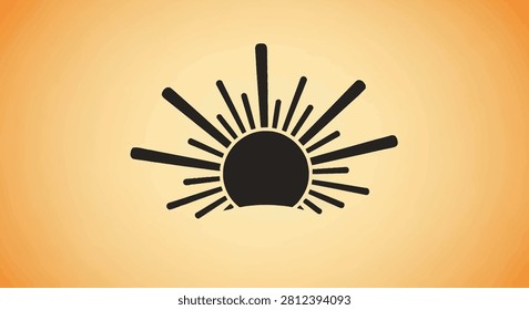 A simple black silhouette icon of a rising or setting sun with straight rays emanating from a circular core on a plain textured background.