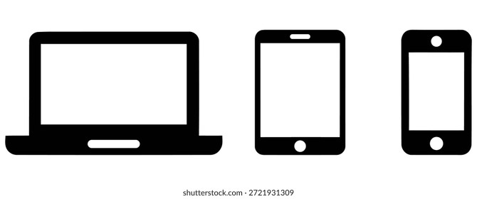 Ein einfaches, schwarzes Silhouettensymbol, das moderne Geräte der Digitaltechnologie darstellt, darunter ein Laptop, ein Tablet und zwei verschiedene Smartphone-Modelle nebeneinander.