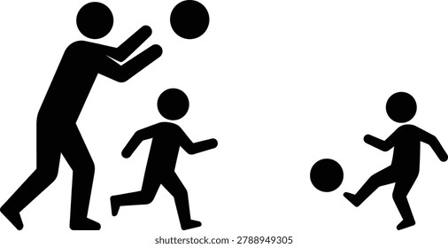 A simple black silhouette icon showing a man throwing a ball and two kids running and kicking a soccer ball