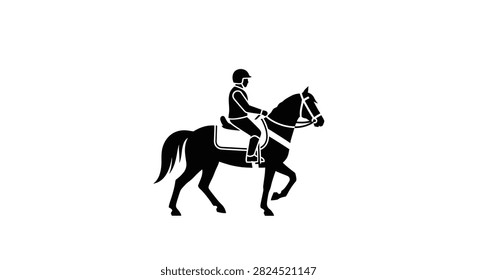 A simple black silhouette icon showing a side view of a rider sitting on a horse in an equestrian style pose on a white background