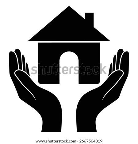 A simple black silhouette icon shows two cupped hands protectively holding a small house, presented isolated on a white background.