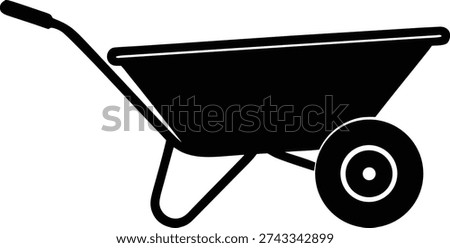 A simple black silhouette icon of a single-wheeled wheelbarrow, typically used for gardening and construction work on a white background.