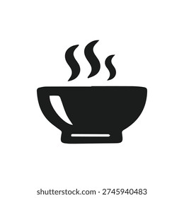 A simple black silhouette icon of a steaming bowl. Represents hot food, soup, meals, dining, and restaurants. Isolated vector on a white background.