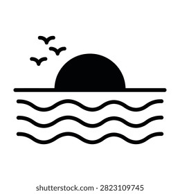 Simple black silhouette icon of sun setting over ocean waves with flying birds. Minimalist design suitable for web, app, and print.