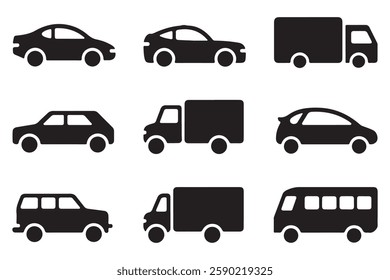 Simple Black Silhouette Icons of Various Vehicles, isolated on white background, vector illustration 