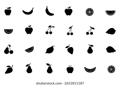Simple Black Silhouette Icons of Various Fruits